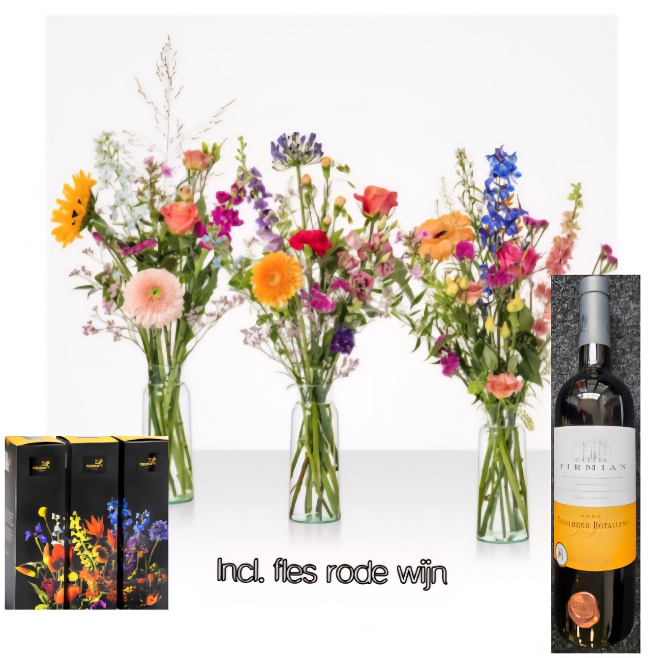 Seizoensbloemen + rode wijn